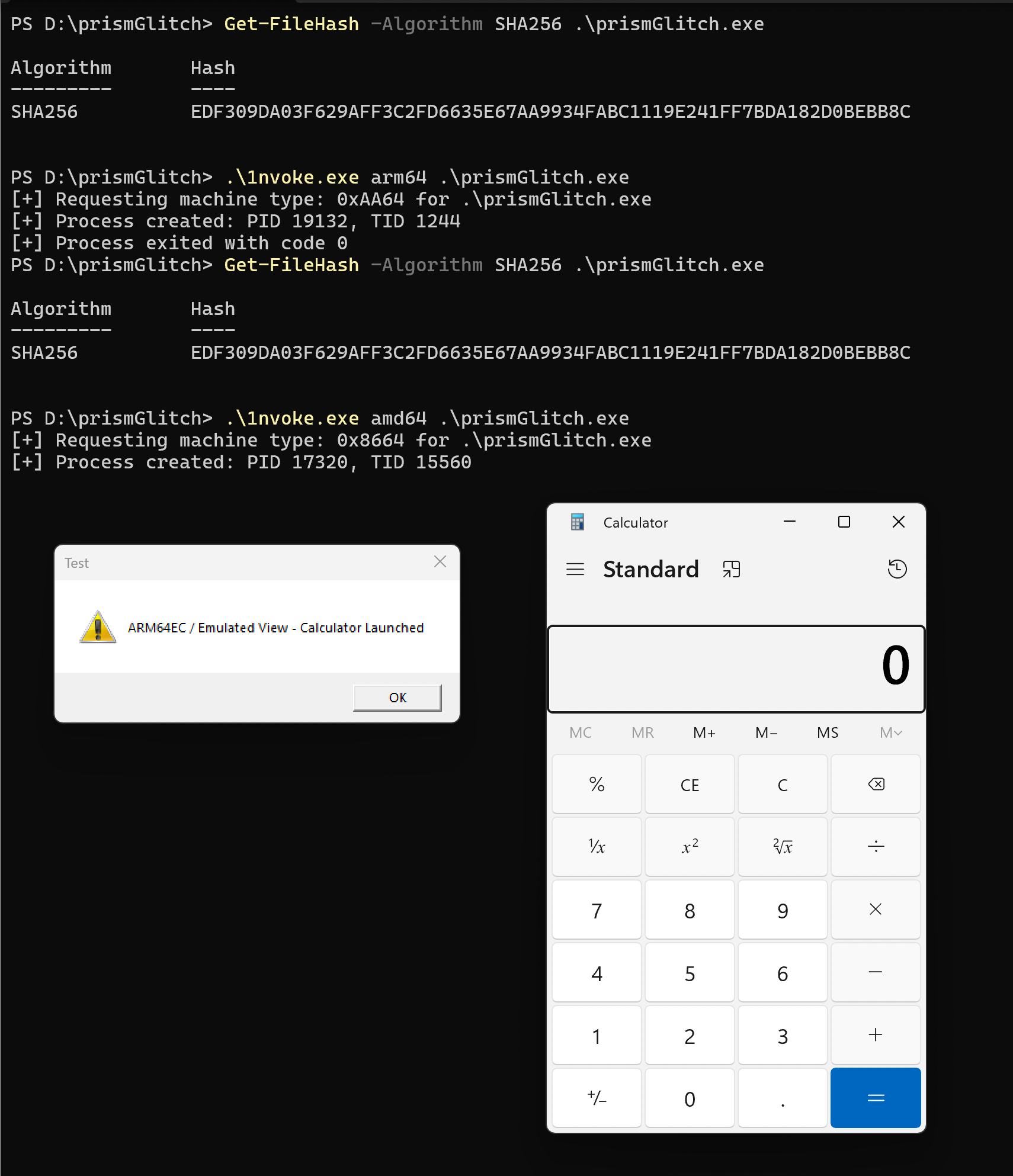 AMD64 invocation of the same file. .\1nvoke.exe amd64 .\prismGlitch.exe requests machine type 0x8664, CreateProcess returns PID 17320, and the ARM64EC / emulated view pops a MessageBox reading "ARM64EC / Emulated View - Calculator Launched" with a fresh Calculator window on the desktop. Get-FileHash between the two runs reports the same SHA-256 both times.