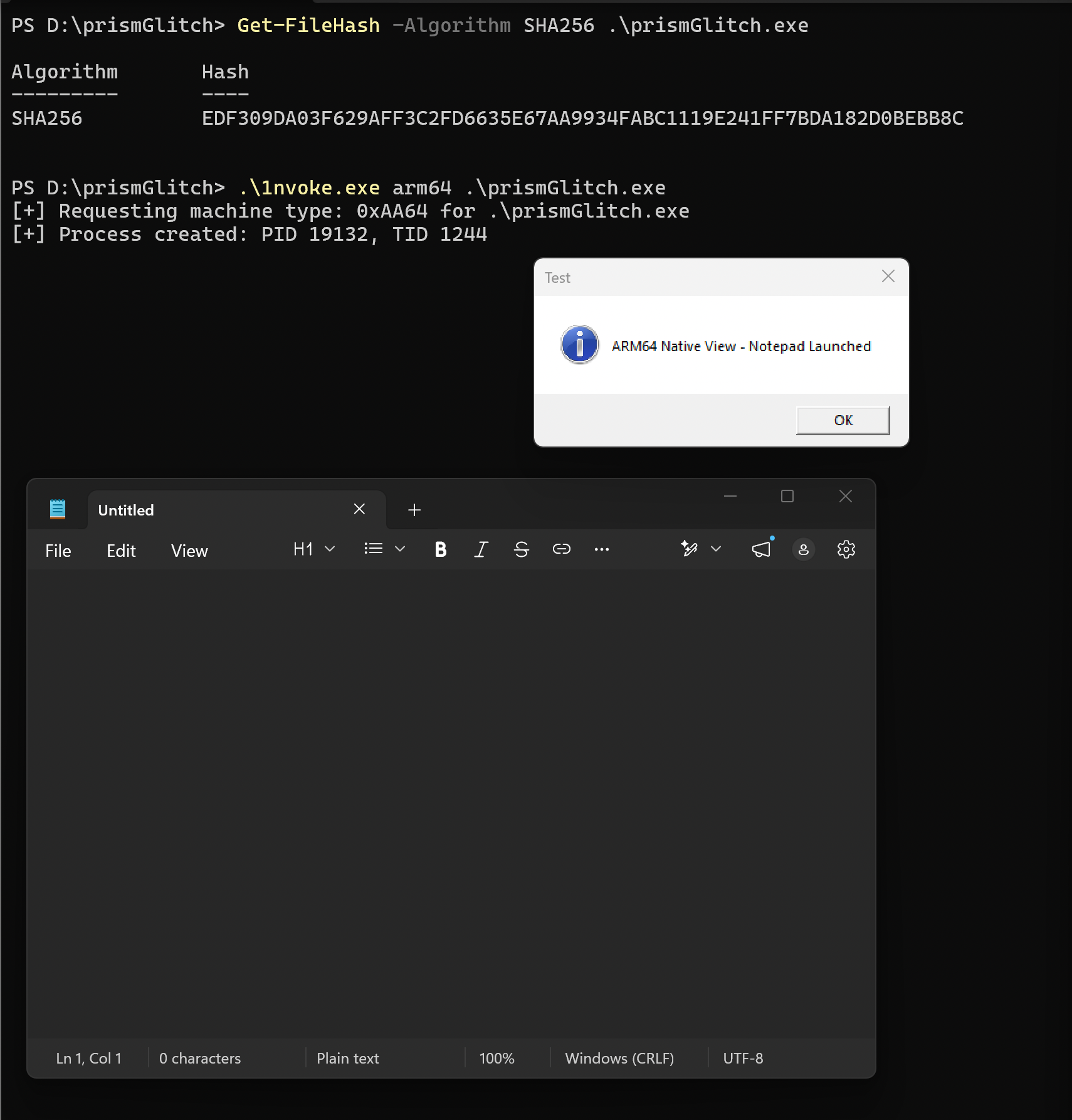 ARM64 invocation of prismGlitch.exe. .\1nvoke.exe arm64 .\prismGlitch.exe requests machine type 0xAA64, CreateProcess returns PID 19132, and the ARM64 native view pops a MessageBox reading "ARM64 Native View - Notepad Launched" with a fresh Notepad window on the desktop.