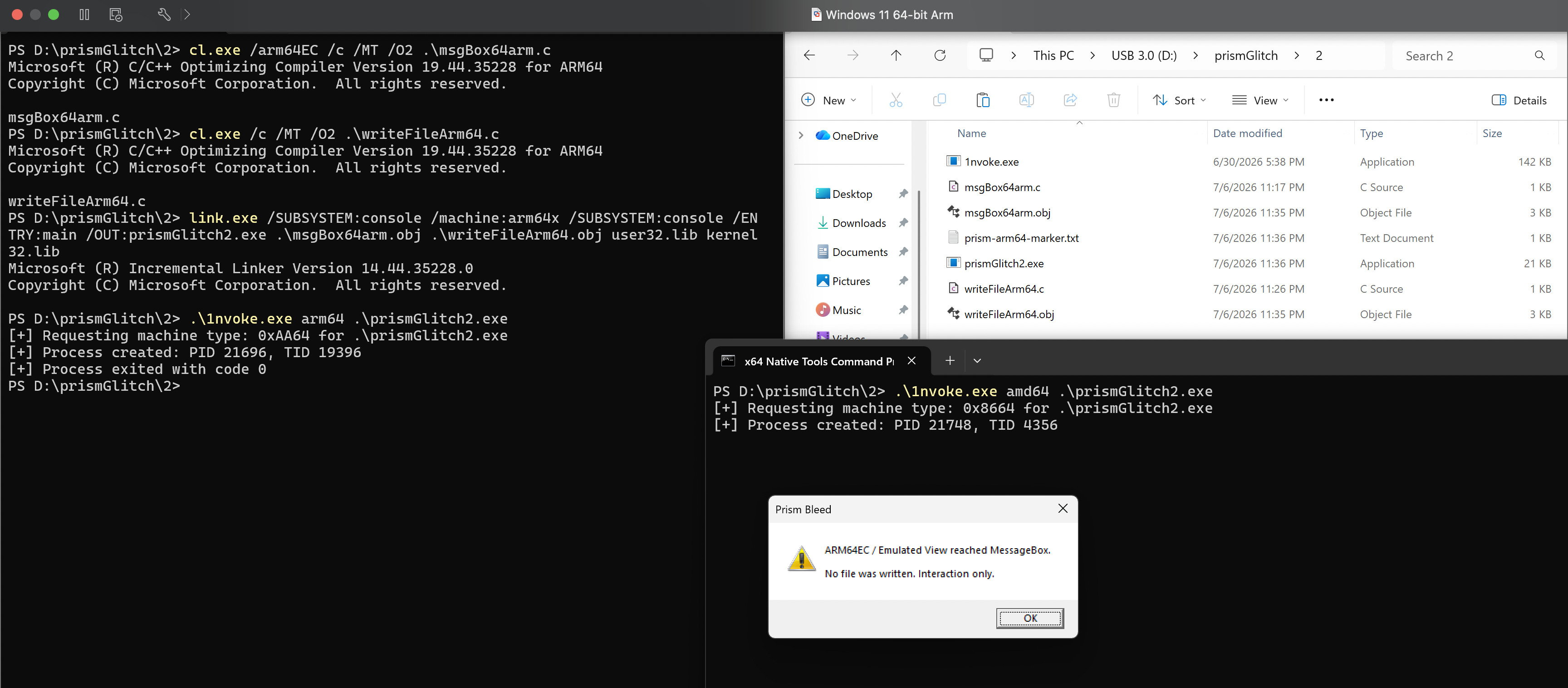 Build and both invocations, side by side. Left: two cl.exe compiles, one link.exe /machine:arm64x merge, then .\1nvoke.exe arm64 running silently. Right: .\1nvoke.exe amd64 in an x64 dev prompt popping the MessageBox. File Explorer at top shows the marker file that appeared next to the built binary.
